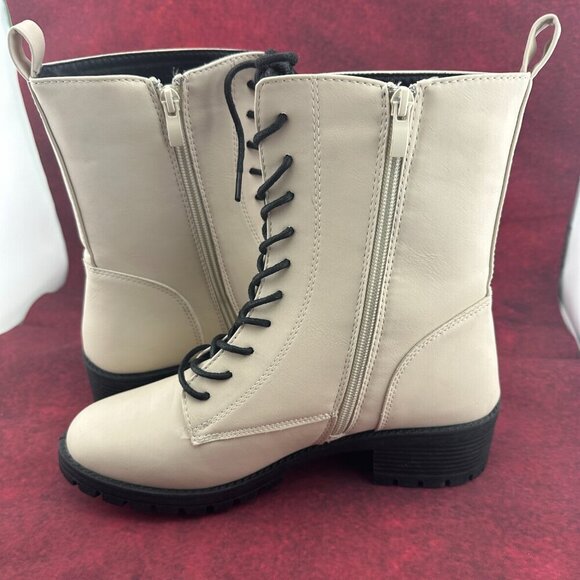 SHELN COMBAT BOOTS LUG SOLE IVORY, MID-CALF, LACE-UP, ZIPPER, BLOCK HEEL, SIZE 9 - Picture 4 of 10